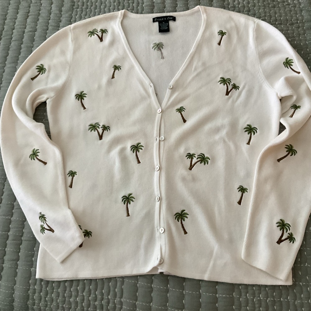 Eagle's Eye Charming Creamy White  Cardigan with Palm Tree Accents